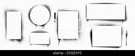 Schwarze Farbschablonen isoliert auf transparentem Hintergrund. Vektor-realistische Illustration von rechteckigen, quadratischen, runden Tintenrändern, Airbrush-Silhouette, grungy Street Art Rahmen mit Farbtropfen Stock Vektor