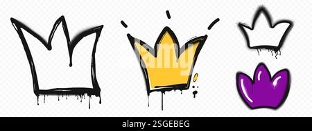 Graffiti-Krone in verschiedenen Stilen - schwarzer Umriss mit Tropfen, gelb gefüllt mit Sprühpunkten, lila Form. Königliche Straßenkunst-Symbole mit groben Skizzenlinien und Farbspritzern. Städtisches Designelement Stock Vektor
