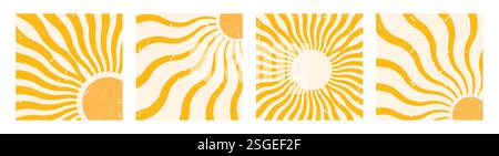 Abstrakte Sonnenstrahlen Clipart Set. Gelbe Sonnenstrahlen, Sonnenlicht und Sonnenwärme in Wasserfarbe Clip Art Tapetenansammlung Vektorillustration. Stock Vektor
