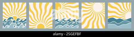 Abstraktes Clipart-Set der Sonne. Gelbe Sonnenstrahlen, Sonnenuntergang und Sonnenaufgang im Ozean Horizont Clipart tropische Sommer Tapetensammlung Vektor-Illustration. Stock Vektor