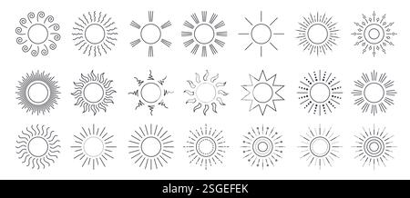 Clipart-Set für die Zeichnung von Sonnenumrissen. Sonne Icon und Symbol Hand in schwarzen Kunstlinien gezeichnet Clip Art grafische Elemente mit Vielzahl von Sonnenstrahlen Sammlung Vektor Stock Vektor
