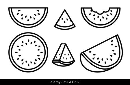 Clipart-Set mit Wassermelonen-Kontur. Wassermelone schwarze Ikone und Kunstlinien Clip Art Sammlung tropische Früchte ganze und Slice Elemente Vektor Stock Vektor