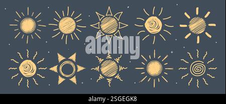 Clipart Set mit Symbol für Sonnenzeichnung. Sonne Hand gezeichnet, Skizze, Doodle und Scribble Clip Art Symbol mit Vielzahl von Sonnenstrahlen Sammlung Vektor Illustration. Stock Vektor