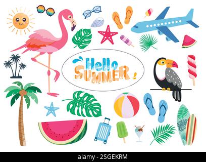 Hello Summer Elements Clipart Set. Tropische Elemente im Sommer wie Flamingo, Flugzeug, Wassermelone, Tukan und Kokospalme farbenfrohe Objekte Stock Vektor