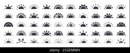 Half Sun Silhouette Clipart Set. Sonnenlogo und Symbolzeichnung Clip Art in Horizont Sonnenuntergang und Sonnenaufgang grafische Elemente Sammlung Vektor Stock Vektor