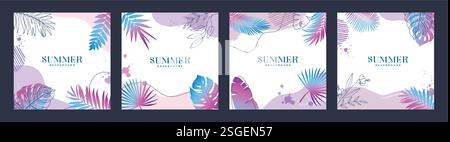 Abstraktes Poster-Set mit Clipart im Hintergrund für den Sommer. Abstrakte Hintergrundschablone für den Sommer in Farbverläufen mit tropischen Blättern für Flyer Stock Vektor