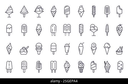 Eiscreme Outline Clipart Set. Eis- und Eis-Clip-Art-Symbol und Symbol in der Kunstlinie Zeichnung und Skizze Sommer-Sammlung auf weißem Hintergrund. Stock Vektor