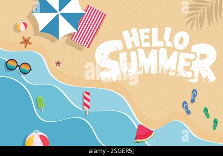 „Hello Summer Border“-Poster mit Clipart-Design. Sommer Grußtext in Kurve Papier Wellen Schnitt Stil Clip Art in Top View Strand Hintergrund Vektor Stock Vektor