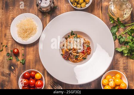 Spaghetti- oder Puttanesca-Pasta nach traditionellem italienischem Rezept mit Sardellen, Oliven, Kapern auf einer weißen Platte auf einem hölzernen Hintergrund mit in Stockfoto