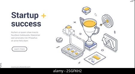 Trophäe umgeben von Geld, Charts und einem Ziel. Erfolg von Startups im geschäftlichen und finanziellen Bereich in einem kreativen, visuellen Format. Zeilenart-Isomet Stock Vektor