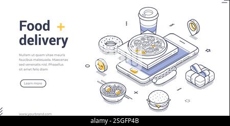 Delivery App Konzept isometrisches Webbanner, Landing-Page-Vorlage zeigt verschiedene Optionen für die Lieferung von Lebensmitteln mit Webbanner und Landing-Page-Vorlagen von pi Stock Vektor