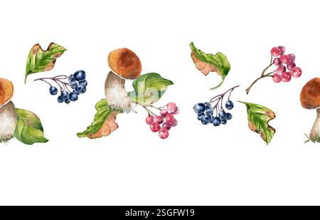 Herbstbeeren und Pilze an nahtloser Grenze. Viburnum-Beeren und schwarze Apfelbeere in Aquarellfarbe isoliert. Waldpflöckchen und Blätter bemalt Stockfoto