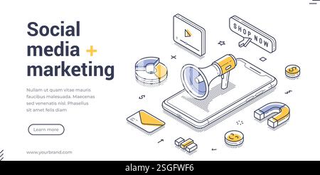 Smartphone mit Megaphon und Marketingsymbolen wie Tortendiagrammen, Call-to-Action-Schaltflächen und Magneten, die digitale Werbung symbolisieren. Isometrische Bahn b Stock Vektor