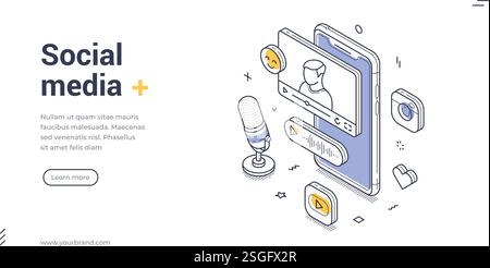 Ein Smartphone zeigt einen Videoanruf mit einer Person an. Isometrisches Webbanner für soziale Medien, Vorlage für Landing-Page Stock Vektor