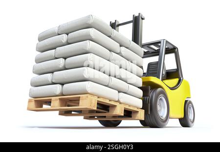 Gabelstapler mit weißen Säcken auf der Palette – 3D-Illustration Stockfoto
