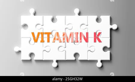 Vitamin K als komplexes Thema, bezogen auf wichtige Themen, die sich als Wortwolke verbreiten. Stockfoto