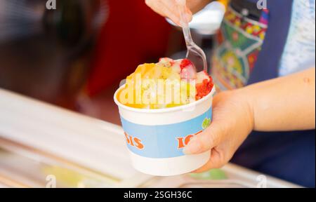 Nahaufnahme von Frauenhänden, die eine Tasse mit hausgemachtem fruchtigem Sorbet-Eis halten, serviert in einem Plastikeis zum Mitnehmen. Konzept der tropischen Wüste. Stockfoto