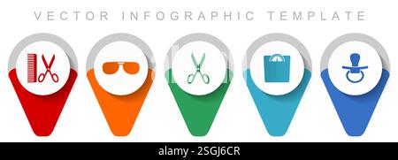 Lifestyle Pointer-Kollektion, verschiedene Symbole wie Friseur, Sonnenbrille, Schere, Gewicht und Nippel, flache Vektor-Infografik-Vorlage in Stock Vektor