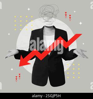 Geschäftsmann mit abstraktem Kopf und Abwärtstrend im Collage-Design für finanzielle Unsicherheit, Vektorillustration Stock Vektor