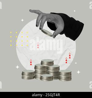Collage der Hand, die Münzen zu einem Stapel hinzufügt, der die Anhäufung von Vermögen und Finanzwachstum symbolisiert, Vektorillustration Stock Vektor