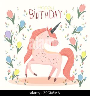 Grußkarte im flachen Stil mit einem rosa Einhorn und Blumen mit der Aufschrift Happy birthday Stock Vektor