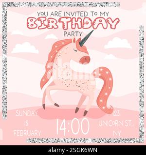 Niedliche Geburtstagseinladung für Kinder mit Einhorn in rosa Farben Stock Vektor