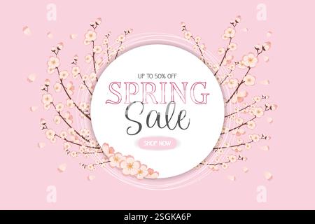 Banner Frühjahrsrabatt mit Sakura in sanften rosa Pastellfarben Stock Vektor