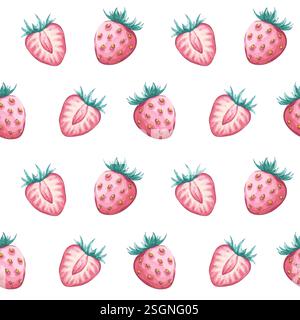 Nahtloses Aquarellmuster mit ganzen und geschnittenen Erdbeeren auf weißem Hintergrund Stockfoto