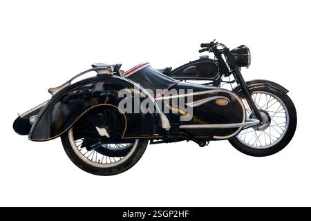 Klassisches schwarzes englisches Seitenwagenmotorrad isoliert auf weißem Hintergrund Stockfoto