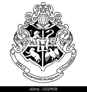 Harry Potter Hogwarts Emblem-Logo in schwarz-weißem Kritzelstil. Vektorillustration isoliert auf weißem Hintergrund. Stock Vektor