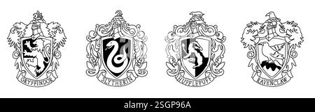 Harry Potter-Emblem-Logos im Comic-Doodle-Stil. Vektorillustration isoliert auf weißem Hintergrund. Stock Vektor