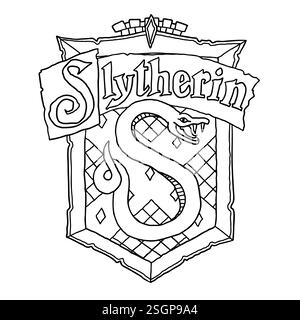 Harry Potter Slytherin-Logo im Outline-Doodle-Stil. Hogwarts Legacy-Spiel. Zauberschule für Hexerei und Zauberei. Vektordarstellung isoliert auf wh Stock Vektor