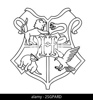 Harry Potter Hogwarts-Logo im Umrissstil aus Büchern. Zauberschule für Hexerei und Zauberei. Hogwarts Legacy-Spiel. Vektorabbildung isol Stock Vektor