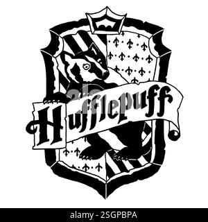 Harry Potter Hufflepuff-Logo im Outline-Doodle-Stil. Hogwarts Legacy-Spiel. Zauberschule für Hexerei und Zauberei. Vektordarstellung isoliert auf W Stock Vektor