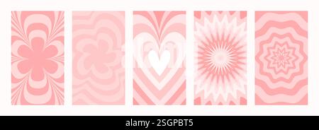 Abstraktes psychedelisches Musterset. Groovige Hintergründe mit Herzen und Blumen in rosa Farben. Trendige, flippige Vektortexturen im abstrakten y2k-Stil Stock Vektor