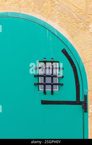 Rustikale grüne Tür mit Eisendetails und architektonischer Textur Stockfoto