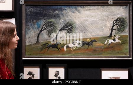 Bonhams, London, Großbritannien. Februar 2025. Die Eindringliche Strömung: „The Willows Revisited“. Inspiriert von Algernon Blackwoods übernatürlicher Erzählung The Willows aus dem Jahr 1907, will The Haunting Current die Galerie in einen stillen Bruch zwischen den Welten verwandeln und erforscht die unangenehme Harmonie zwischen Mensch und Metaphysik, Werke mit einem Preis zwischen 1.000 und 1 Million Pfund sowie nie zuvor ausgestellte Darlehen aus privaten Sammlungen. Bild: Monica English (1920–1979), Before the Storm, 1963. Monica English war eine praktizierende Hexe und eine Schlüsselfigur in einem Zirkel aus Norfolk, der der keltischen Pferdegöttin Epona gewidmet war. Cre Stockfoto
