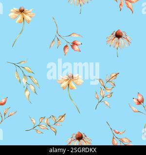 Aquarellrudbeckie, Hagebutte, getrocknete Blätter nahtloses Muster. Handbemalte Koneflower-Illustration. Blühender Kopf mit braunem Herz. Botanisches Muster Stockfoto