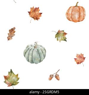 Nahtloses Wasserfarbenmuster von Herbstelementen. Handgezeichnete Illustration Kürbisse, Ahornblätter und Eichel. Botanischer Druck für Tapeten, Textilien, Stoff Stockfoto
