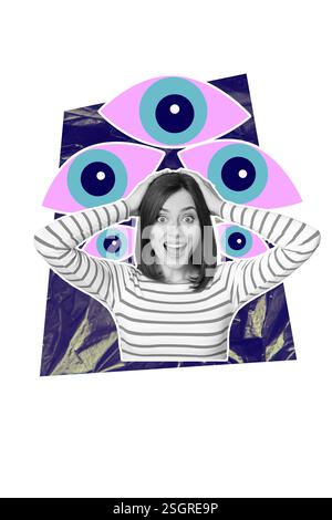 Trendkunstwerk kreative Skizze 3D-Fotocollage von Uhr Auge Silhouette Aufkleber junge Frau Hand halten Kopf Schrei schockierte Emotion Gesicht Stockfoto