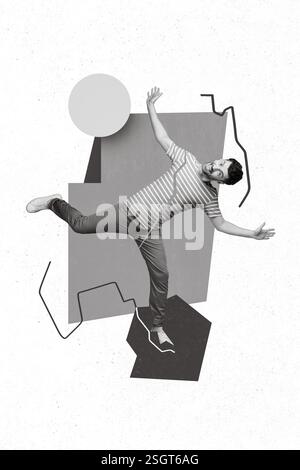 Kreative 3D-Fotocollage Grafik Gemälde eines sorgenfreien Mannes, der tanzt, mit lustigem isoliertem Zeichenhintergrund Stockfoto
