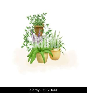 Blumen, üppiges Grün und Kletterpflanzen in Blumentöpfen. Digitale Illustration mit Aquarell. Hauspflanzen in Terrakotta-Keramiktöpfen isoliert auf weißem Ba Stockfoto