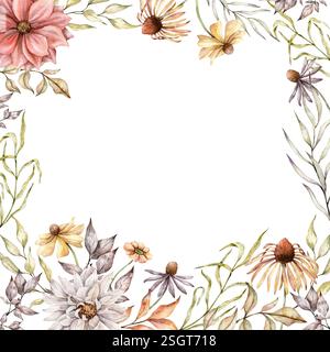 Aquarellrudbeckia, Dahlien, getrocknete Blätter quadratischer Rahmen. Handbemalte Astern und Koneflower Illustration. Herbstpflanzen für Grußkarten, Hochzeit Stockfoto