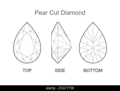 Birnenschliff, kostbare Edelsteine von oben, von der Seite und von unten Stock Vektor