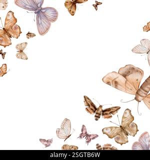 Schmetterlinge sind beige und braune Fliegen und Motten im Vintage-Stil. Handgezeichnete Aquarellillustration. Quadratischer Rahmen, Vorlage auf weißem Hintergrund Stockfoto