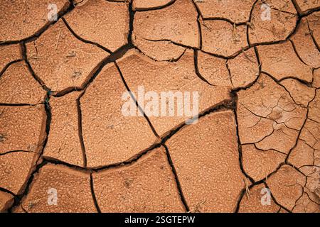 Zerrissene Erde in der Wüste. Takir, takyr-Böden. Landform, Austrocknen von salzhaltigem Boden. Trocknungsrisse, die ein charakteristisches Muster im Tonboden bilden. Natürliche Ba Stockfoto