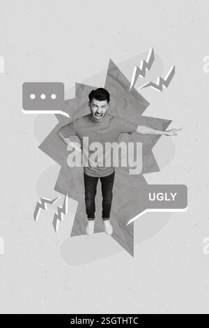 Collage-Foto-Banner eines jungen unzufriedenen Mannes Studentenbekleidung Freizeit Outfit Talk Meinung Schrei wütender Kommentar Hässliche Schande isoliert auf grauem Hintergrund Stockfoto