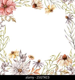 Aquarellrudbeckia, Dahlien, getrocknete Blätter quadratischer Rahmen. Handbemalte Astern und Koneflower Illustration. Herbstpflanzen für Grußkarten, Hochzeit Stockfoto