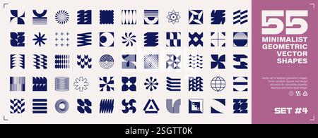 Set aus 55 abstrakten geometrischen Formen, Symbolen, Logomarks und anderen einfachen grafischen Designelementen für minimalistisches, brutalistisches oder bauhaus-Design. Schweizer Stil, Y2K, postmodern. Vektorgrafik EPS10. Stock Vektor