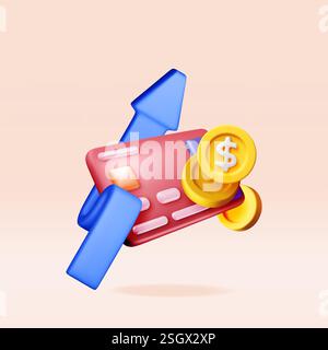 3D-Bankkarte mit Pfeil und goldenen Münzen Stock Vektor